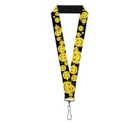 Buckle-Down Lanyard, Smiley Face Splatter Scattered Black Yellow, Elastic