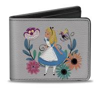 Buckle-Down - Portafoglio da uomo con immagine di Alice nel Paese delle Meraviglie e testa dello stregatto, circondati da fiori multicolore, misura standard