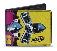 Buckle-Down Portafoglio Nerf, Bifold, Nerf Vortex e Occhiali da Sole Blaster Collage Giallo Rosa Blu, Pelle Vegana