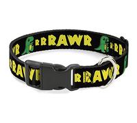 Buckle-Down RRRAWR - Collare con Clip in plastica, Motivo Dinosauro, Nero, Verde, Giallo, Larghezza 2,5 cm, Adatto per Collo da 28 a 43,2 cm, Taglia M