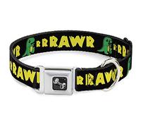 Buckle-Down RRRAWR - Collare con Fibbia per Cintura di Sicurezza, Motivo Dinosauro, Nero/Verde/Giallo, Larghezza 2,5 cm, Adatto per Collo da 22,9 a 38,1 cm, Taglia S
