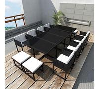 Bucmath Set da 13 pezzi da giardino per 12 persone, in polyrattan nero, con cuscini, resistente alle intemperie, per terrazza e balcone, 221 x 109 x 72 cm