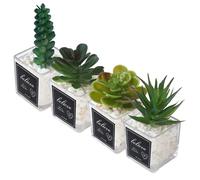 BUCOMTU 4 Piante Artificiali, Mini Piante Artificiali da interno, piante succulente artificiali con vasi in vetro bianco, adatte per decorare matrimoni, uffici, soggiorni e bagni (Verde)