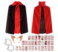 BUCOMTU Cappa da vampiro per bambini con colletto, 90 cm Cappa da vampiro per Halloween con orecchie a punta, adesivi tatuaggio e zanne