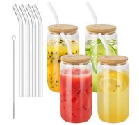 BUCOMTU Set di 4 Bicchieri con Cannuccia e Coperchio,Bicchieri da Caffe Vetro,500ml Bicchieri con Cannuccia Riutilizzabile,Adatto per Caffè Ghiacciato, Birra, Cocktail
