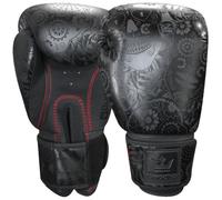 BUDDHA FIGHT WEAR Fantasy Mexican - Guanti da boxe, nero, Muay Thai, Kick Boxing, in similpelle, resistenti agli odori, cuciture rinforzate (nero e nero opaco, 14 once)