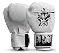 BUDDHA FIGHT WEAR - Guanti da boxe Thailand - Muay Thai - Kick Boxing - Pelle sintetica intrecciata interna resistente agli odori - Vari disegni (Army Bianco, 16 Oz)