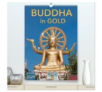 BUDDHA in GOLD (hochwertiger Premium Wandkalender 2026 DIN A2 hoch), Kunstdruck in Hochglanz: Buddha-Statuen aus Asien im Glanz des Goldes
