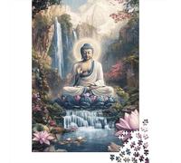 Buddha Meditation Scene 1000 Pezzi Cartone Waterfall Buddha Statue Puzzle Per Famiglie Resistente Ai Graffi Attività Senza Schermo Anti-stress Relax 38x26cm/1000pcs