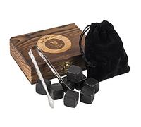 Buddy´s Bar - 9 pietre per whisky, 2 x 2 cm, set regalo, elegante scatola di legno, sacchetto di velluto, pinze, cubetti di ghiaccio naturali di basalto, pietre refrigeranti neutre e di colore nero