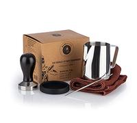 Buddy´s Bar - Barista Edition, Premium set da 5 pezzi, bricco per il latte 0,35 litri, contenitore per caffè, pressino Ø 51 cm, acciaio inox, tappetino, ago per caffè L: 13,5 cm, asciugamano