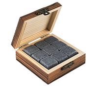 Buddy's Bar - 9 pietre per whisky, 2 x 2 cm, confezione regalo di base, elegante scatola in legno, riutilizzabili, cubetti di ghiaccio naturali in granito, pietre di raffreddamento neutre al gusto