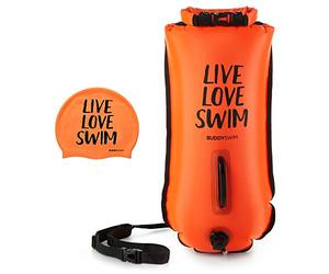 BUDDYSWIM 28 L Set di Boa Nuoto Acque Libere e Cuffia. Boa Nuoto per Nuotare in Acque Libere con Borsa Impermeabile e Cuffia in Silicone. Ideale per Nuotare nel Mare.