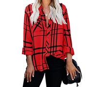 budiniao Camicia a Quadri da Donna a Maniche Lunghe a Righe Camicetta da Taschino Sexy per Feste, Viaggi, Spiaggia, Fotografia, Vestiti Autunnali, Regali di Compleanno, Rosso, XXL