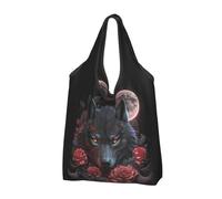 Buewutiry 3 borse grandi da donna, leggere, con luna piena, lupo nero, riutilizzabili, pieghevoli, per la spesa, per lavoro, spiaggia, viaggi, con manici