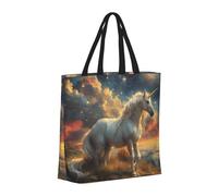 Buewutiry - Borsa a mano da donna grande riutilizzabile con cerniera, borsa da spiaggia da donna, design cielo stellato, cavallo bianco, borsa per mamma, adatta per ospedale,