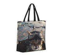 Buewutiry - Borsa a mano riutilizzabile con cerniera, borsa da spiaggia da donna, gatto pilota in aereo vintage, borsa per mamma, adatta per ospedale,