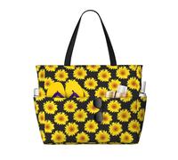 Buewutiry Borsa da spiaggia grande impermeabile e alla sabbia, motivo girasoli neri vivi e carini, bella borsa da spiaggia da donna con cerniera