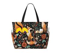 Buewutiry Borsa da spiaggia grande impermeabile e alla sabbia, motivo volpe e fiori di bosco autunnale carino da donna con cerniera