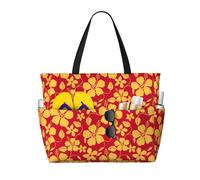 Buewutiry Borsa da spiaggia grande impermeabile e alla sabbia, stile hawaiano rosso e giallo, bella borsa da spiaggia da donna con cerniera