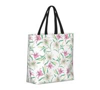 Buewutiry - Borsa grande da donna - Borsa a mano riutilizzabile con cerniera, borse da spiaggia da donna, gigli bianchi rosa, fiori, borsa per mamma, adatta per ospedale, spiaggia