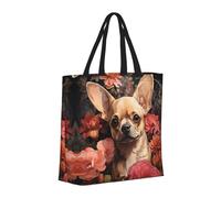 Buewutiry - Borsa grande da donna - Borsa a mano riutilizzabile con cerniera, borse da spiaggia da donna, borsa vintage con fiori rossi per chihuahua, mamma, adatta per ospedale