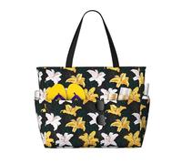 Buewutiry Borse da spiaggia grandi da donna, impermeabili, a prova di sabbia, motivo gigli e fiori, colore bianco e giallo, graziose borse da spiaggia con cerniera