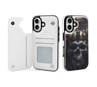 Buewutiry Custodia a portafoglio compatibile con iPhone 16, con teschio reale e corona dorata, compatibile con iPhone 16, custodia in pelle con porta carte per donne e uomini