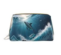 Buewutiry Grande borsa da viaggio per il trucco, blu ghiaccio oceano, delfino a un grazioso delfino, borsa portatile in pelle PVC per cosmetici da donna con cerniera, borsa per la cura della pelle