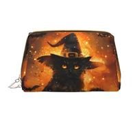 Buewutiry Grande trousse da viaggio per trucchi, cappello da strega di Halloween, gatto nero, borsa per cosmetici portatile in pelle PVC da donna con cerniera, borsa per la cura della pelle, borsa per