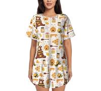Buewutiry Pigiama da donna - Pigiama comodo a maniche corte da donna, motivo: ape, barattolo di miele, alveare, orso, nero/bianco, L