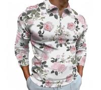 Buewutiry Polo da uomo a maniche lunghe, motivo rose e foglie verdi, per autunno, golf, casual, con chiusura lampo, Stile-38, L