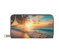 Buewutiry Portafogli sottili in pelle per donne e uomini, con cerniera e scena tropicale al tramonto sulla spiaggia