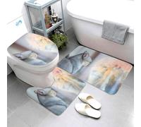 Buewutiry Set di 3 tappeti da bagno con il gatto che guarda nello specchio, tappetini da bagno assorbenti e lavabili, a forma di U, tappetino per il contorno del WC, tappetino da doccia morbido