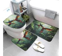 Buewutiry Set di 3 tappeti da bagno con pappagalli volanti nella giungla, tappetini da bagno assorbenti e lavabili, a forma di U, tappetino per il contorno del WC, morbidi tappetini da doccia per