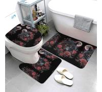 Buewutiry Set di 3 tappeti da bagno con rosa luna piena lupo nero assorbenti e lavabili, a forma di U, tappetino per il contorno del WC, tappetino da doccia morbido tappetino da bagno per vasca da