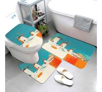 Buewutiry Set di 3 tappetini da bagno - Colorati mulini a vento greci assorbenti e lavabili, copriwater a forma di U, tappetino da bagno, tappetino da doccia morbido