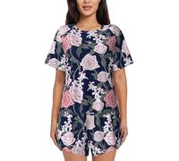 Buewutiry Set pigiama da donna - Belle rose rosa - Pigiama comodo da donna - Biancheria da notte a maniche corte, nero/bianco, S