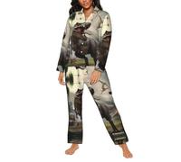 Buewutiry Set pigiama da donna, motivo: dinosauro Forest Park, biancheria da notte con tasche, Nero , XXL