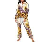 Buewutiry - Set pigiama da donna, motivo margherita, girasole, gatto, pigro, biancheria da notte, set di riposo da donna con tasche, Nero, XL