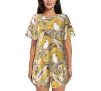 Buewutiry Set pigiama da donna - Simpatico pigiama a maniche corte con pappagallo e foglie, Nero, S
