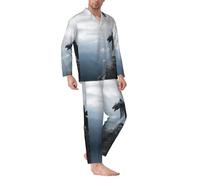 Buewutiry - Set pigiama da uomo, motivo drago grigio della valle a maniche lunghe, biancheria da notte, pigiama da uomo, Nero, XXL