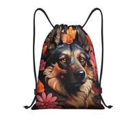 Buewutiry Zaino con coulisse, motivo: fiori colorati da pastore tedesco, piccolo zaino con coulisse per palestra, sport, borsa in corda, Nero , S