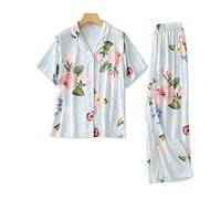 BuFanRenm Pigiama, Pigiama da Donna Set Pigiama a Maniche Corte in Viscosa Cardigan Stampa Abiti da casa Abito Estivo Donna Pjs