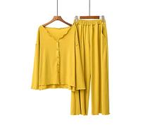 BuFanRenm Pigiama,Set Pigiama in Morbido Cotone per Donna, Pigiameria a Maniche Lunghe da Donna in Due Pezzi Abbigliamento da Salotto Pjs Home Wear Pigiama Abbottonato OneSize Curcuma