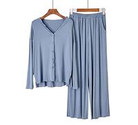 BuFanRenm Pigiama,Set Pigiama in Morbido Cotone per Donna, Pigiameria a Maniche Lunghe da Donna in Due Pezzi Abbigliamento da Salotto Pjs Home Wear Pigiama Abbottonato OneSize LightBlue