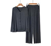 BuFanRenm Set Pigiama in Morbido Cotone per Donna, Pigiameria a Maniche Lunghe in Due Pezzi, Abbigliamento da Salotto, Pjs Home Wear, Abbottonato OneSize Grigio Scuro