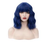 Bufashion Parrucca da donna corta e mossa da 35,6 cm, colore blu scuro, parrucca sintetica a caschetto, per Halloween, cosplay, con frangia ordinata e retina inclusa (blu scuro)