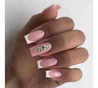 Bufenia 24 pezzi punta francese quadrato premere su chiodo corto glitter unghie finte lucide copertura completa acrilico unghie finte per donne e ragazze (A)