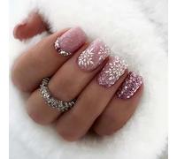 Bufenia 24 Pz Natale Chiodi Falsi Quadrati Fiocco di Neve Stampa su Unghie Xmas Quadrato Rosso Chiodi Falsi Acrilico Full Cover Stick su Unghie per Donne e Ragazze (F)